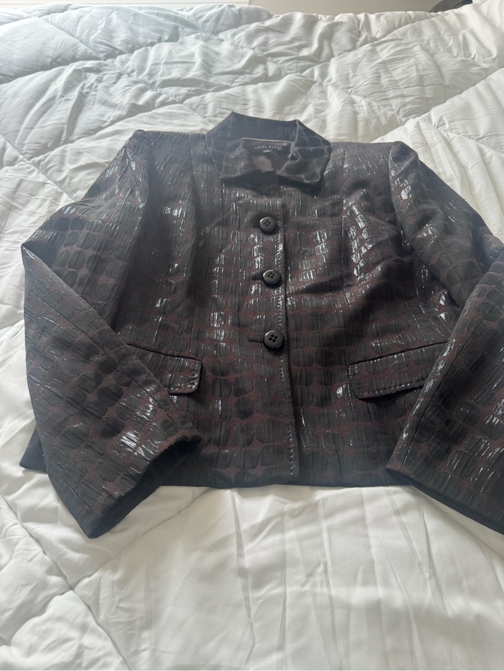 Anne Klein Dark Brown Croc-Embossed Shiny Button Blazer
